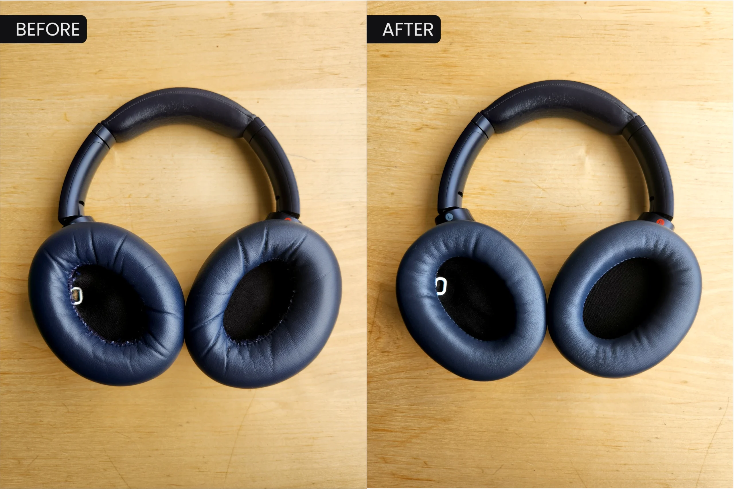 Sony XM4 Old Ear Pads Before & After Repair in Blue